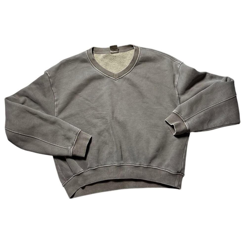 Vintage Olive Taupe V Neck Sweatshirt Boxy Fit